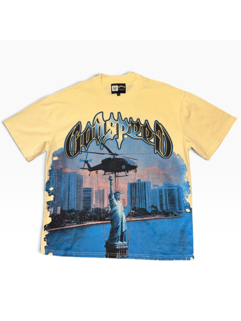 Godspeed Graphic Tee Size L Yellow Blue Statue of Liberty Print